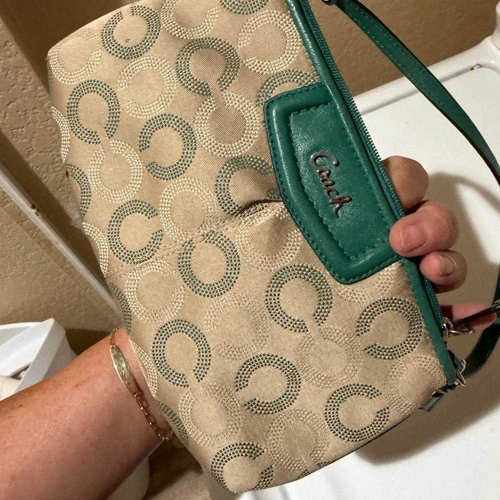 Coach Beige Canvas Wristlet with Teal Trim